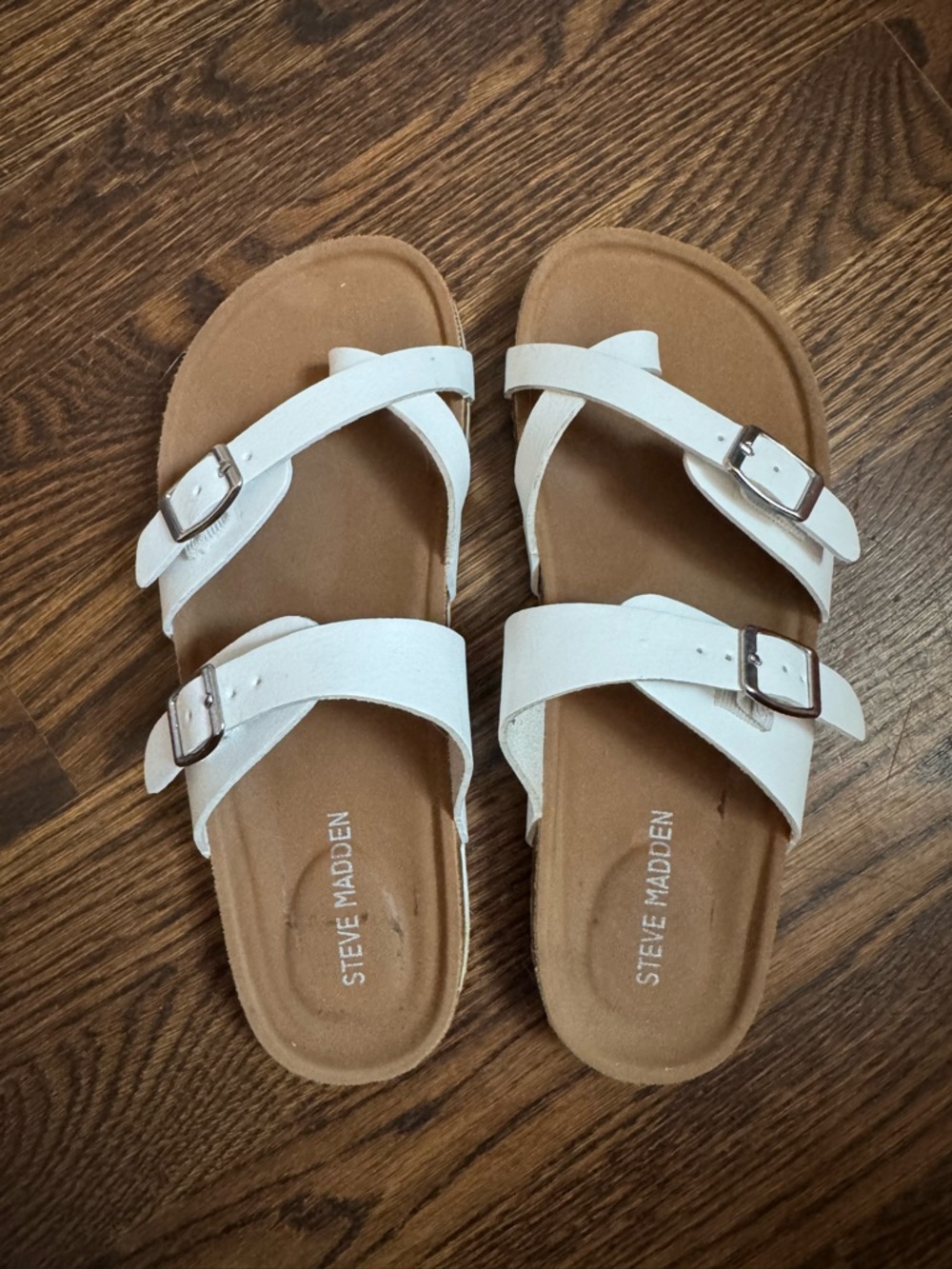 Steve Madden White Double Buckle Slides with Tan Footbed Size 3